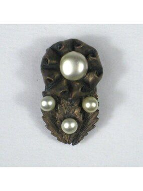 Dress Clip Faux Pearl Brass Floral Leaf Leaves Filigree Fur Scarf Vintage